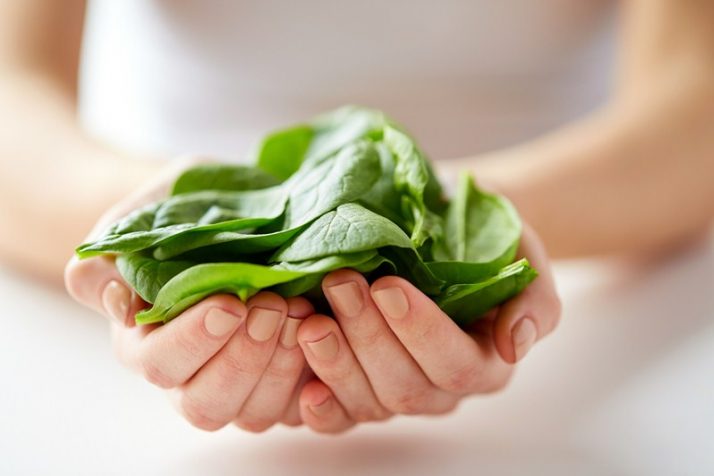 17 Surprising Spinach Nutrition Facts & Health Benefits; woman hands holding spinach leaves