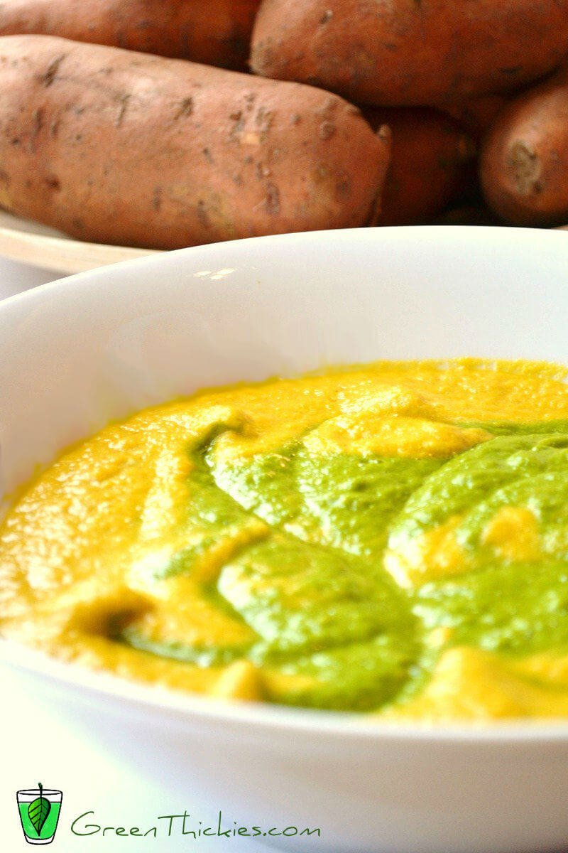 Raw Carrot and Sweet Potato soup with spinach 