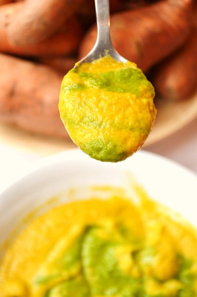 Carrot and sweet potato soup with spinach