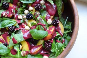Nectarine Salad with Blackberry Dressing, Basil + Hazelnuts
