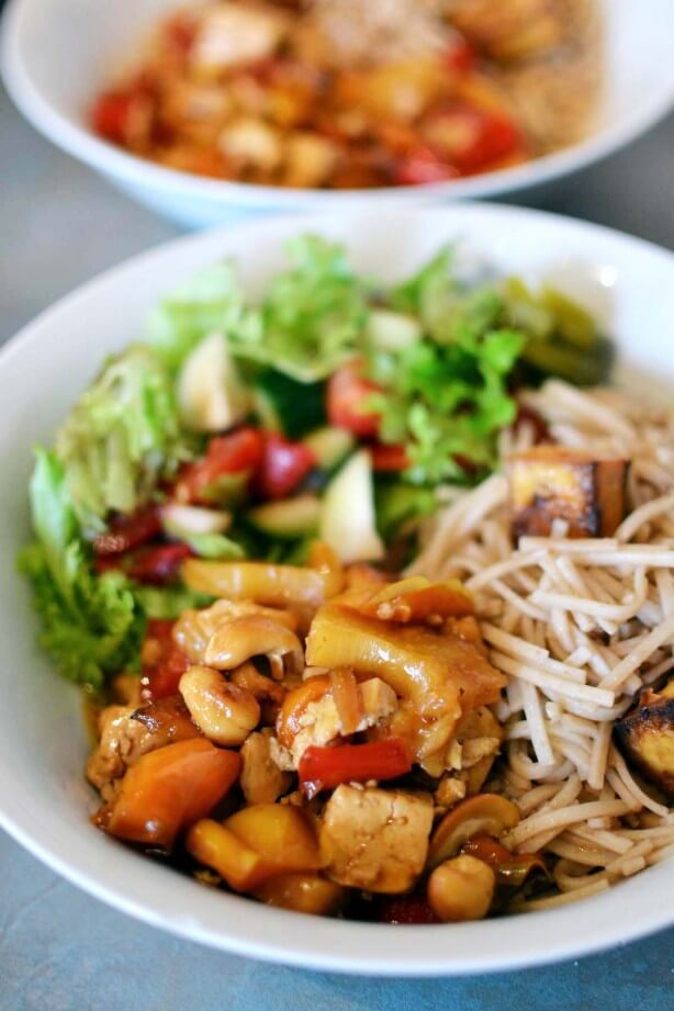 Kung Pao Tofu with soft noodles and toasted cashew nuts