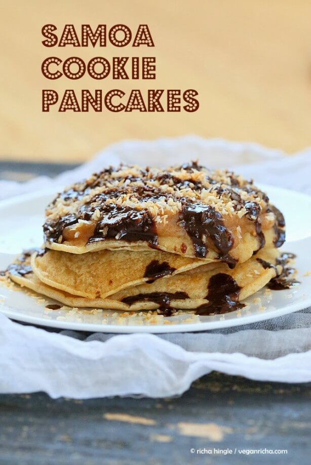 SAMOA COOKIE PANCAKES WITH SALTED DATE CARAMEL, TOASTED COCONUT, CHOCOLATE DRIZZLE