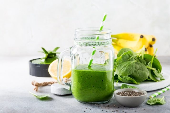 Green Detox Spinach Smoothie: Satisfy Your Cravings Quickly; Healthy green smoothie with spinach in glass jar 2