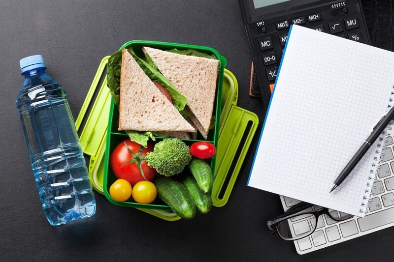 How Many Calories Should I Eat To Lose Weight FAST? Office desk with supplies and lunch box food notepad calculator