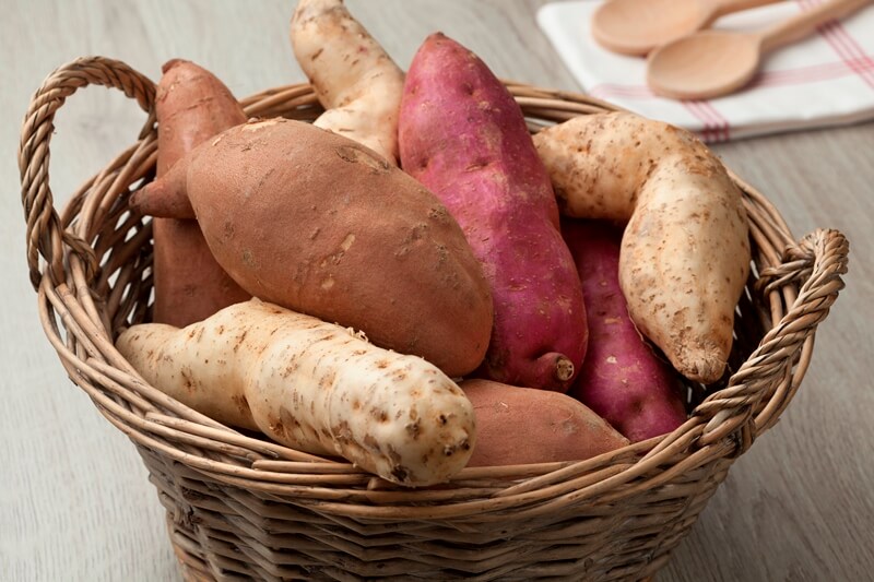 34 High Protein Vegetables You Probably Already Eat; Basket with sweet potatoes