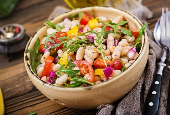 34 High Protein Vegetables You Probably Already Eat; White bean cannellini salad. Vegan salad. Diet menu