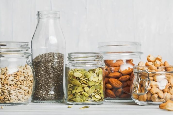 How To Store Smoothies 11 Ways (Fridge, Freezer, How Long); Various nuts and seeds, chia, almonds and peanuts