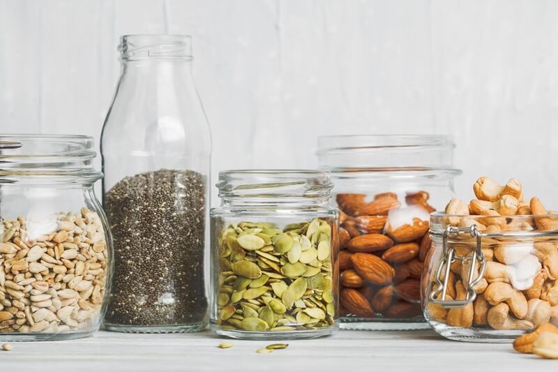 16 Best Smoothie Storage Solutions: My Smoothie Station Ideas; Various nuts and seeds, chia, almonds and peanuts