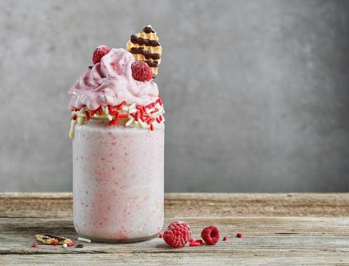 dessert of frozen banana and raspberries, milkshake, smoothie