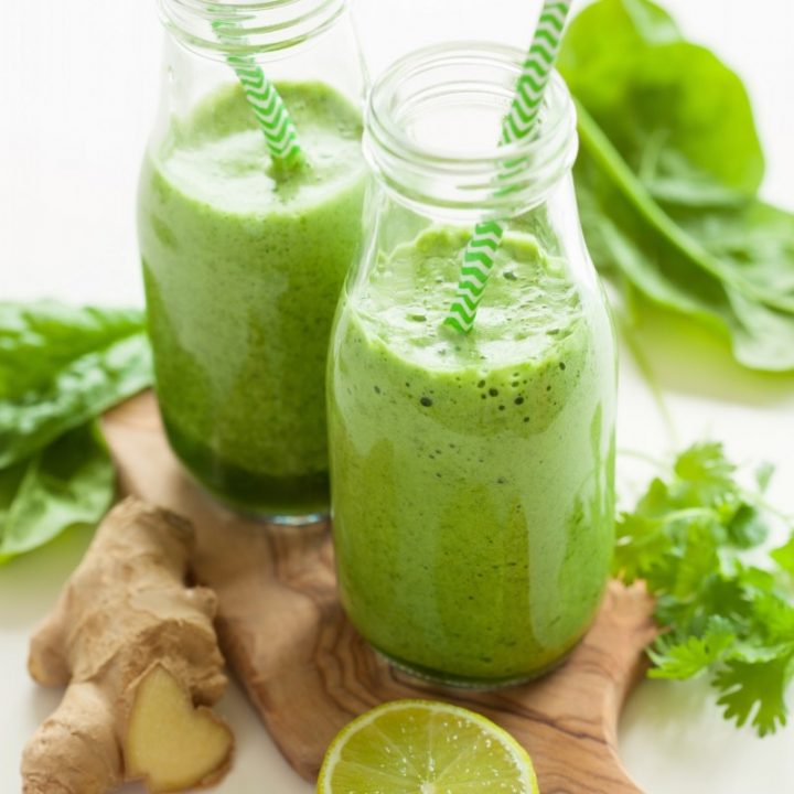 healthy green spinach smoothie with cilantro lime banana ginger