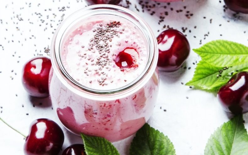 Pink cherry smoothies with yoghurt and chia seeds